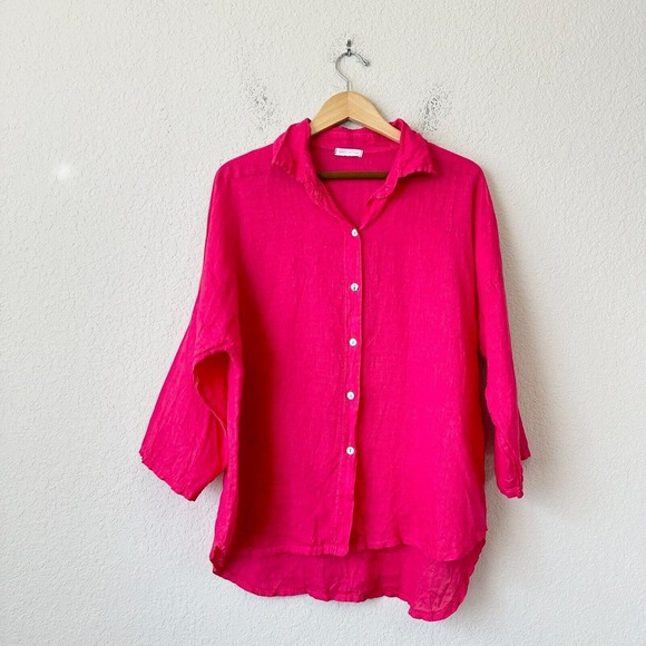 ITALY MADE 100% Linen Roll-Tab Sleeve Gauze Button-Up Shirt in Hot Pink - Picture 4 of 12